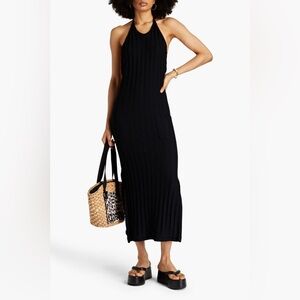 Ganni Halterneck Ribbed-Crochet Black Midi Dress L